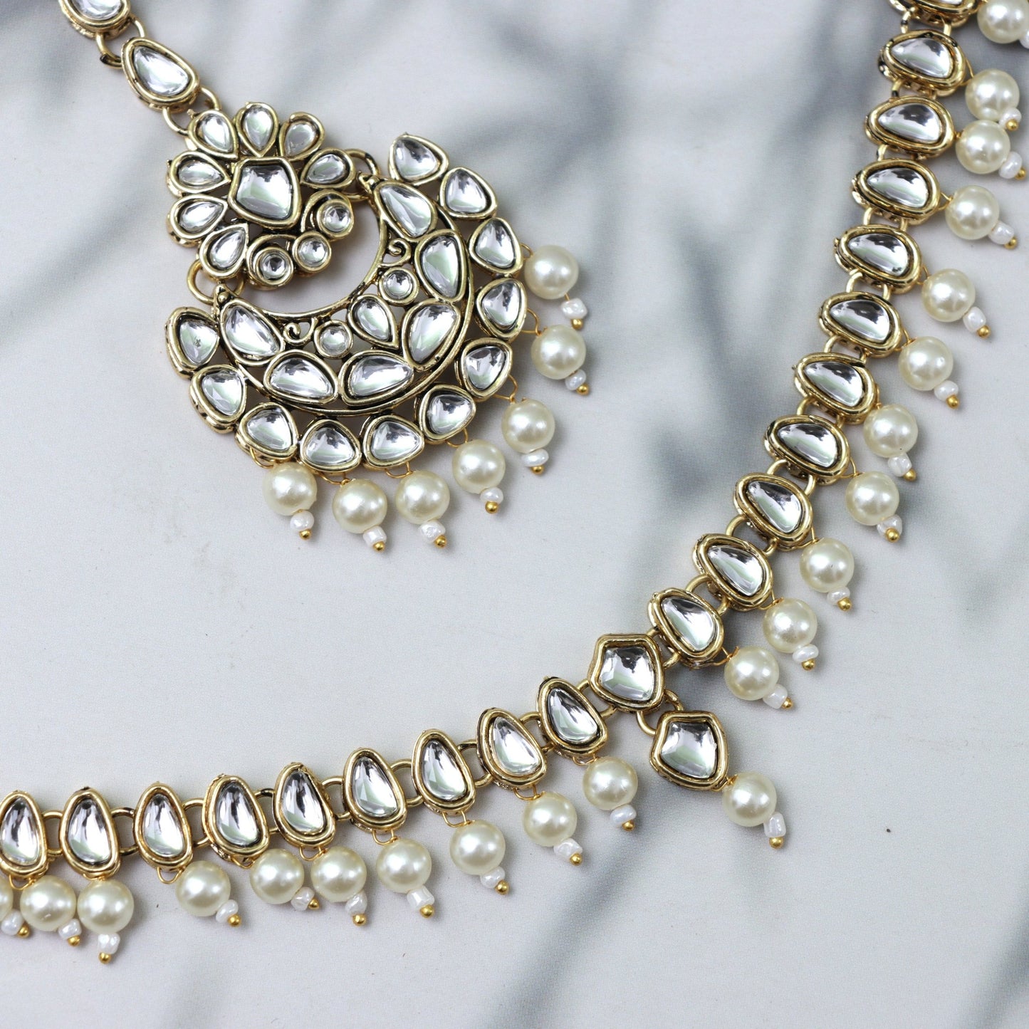 Traditional Kundan Pearl Necklace with Earrings and Maang Tikka - SHILPRATNAA
