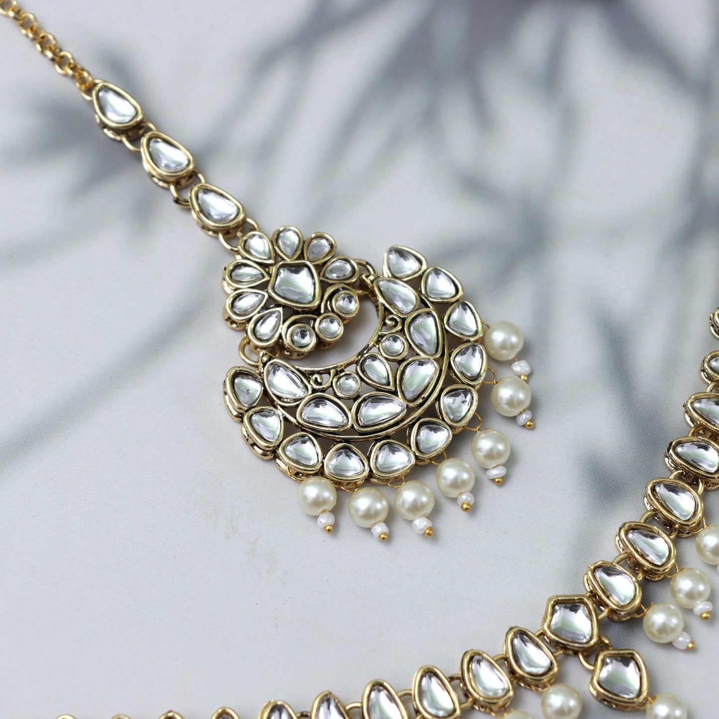 Traditional Kundan Pearl Necklace with Earrings and Maang Tikka - SHILPRATNAA