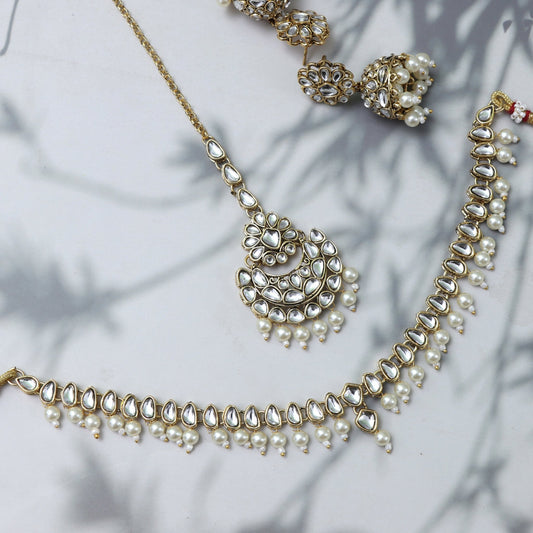 Traditional Kundan Pearl Necklace with Earrings and Maang Tikka - SHILPRATNAA